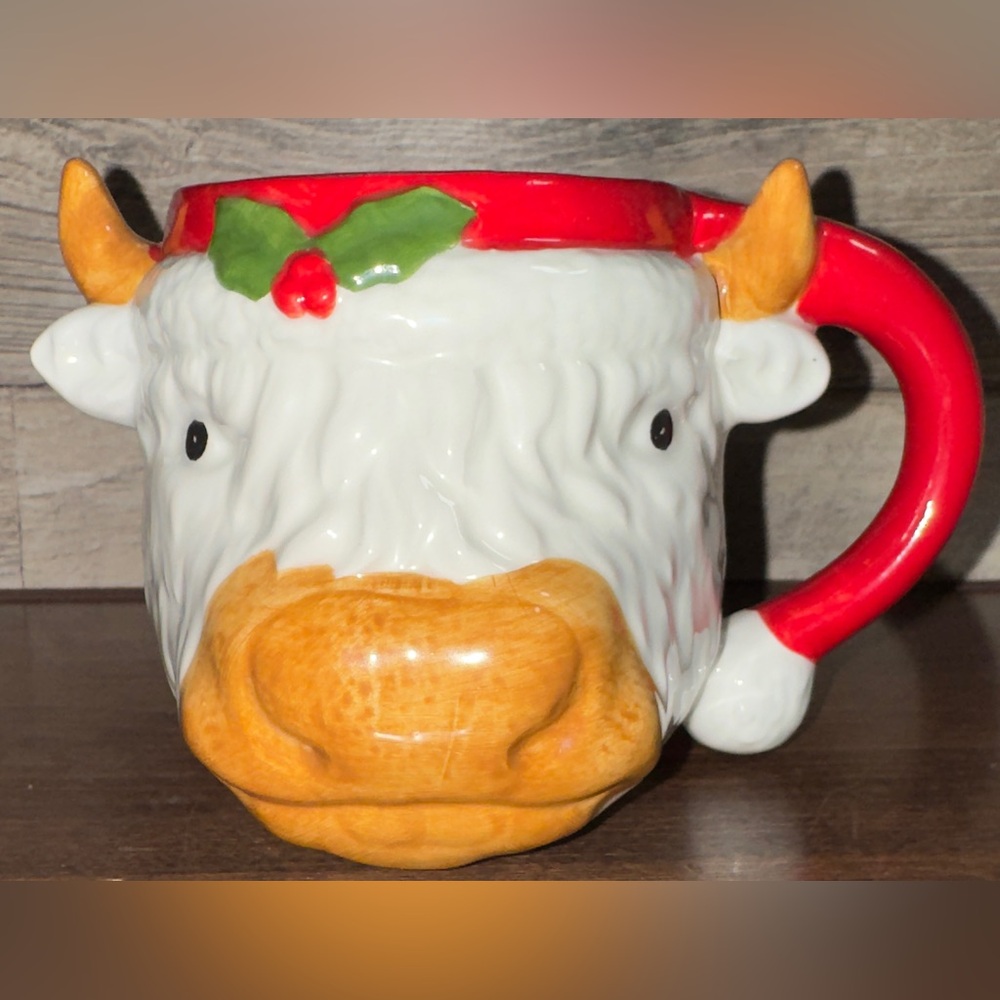 Cute 🥰 Christmas Cow 🐮 Sculpted Mug with Santa 🎅 Hat Handle by Holiday Market